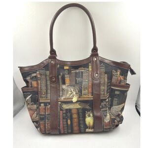 Vintage Dark Academia Cottagecore Cat Library Tote Bag VTG Owl Bradford Exchange